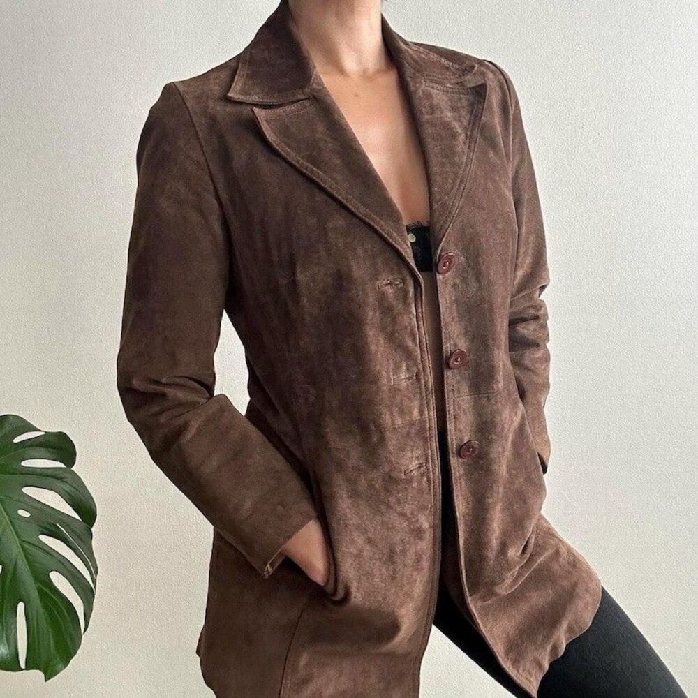 Relativity Women’s Brown Suede Genuine Leather Lined Button Jacket Collared M
